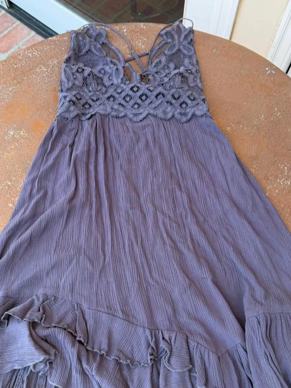 Free People Adella One Slip Dress in gray with lace detailing & ruffled hem sz s